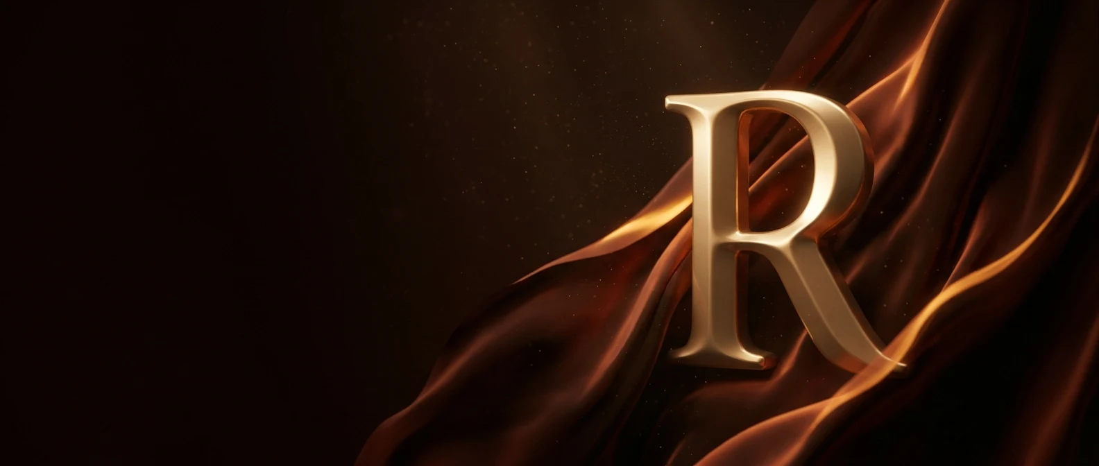 A golden letter 'R' is dramatically displayed amidst fiery orange and brown flames.